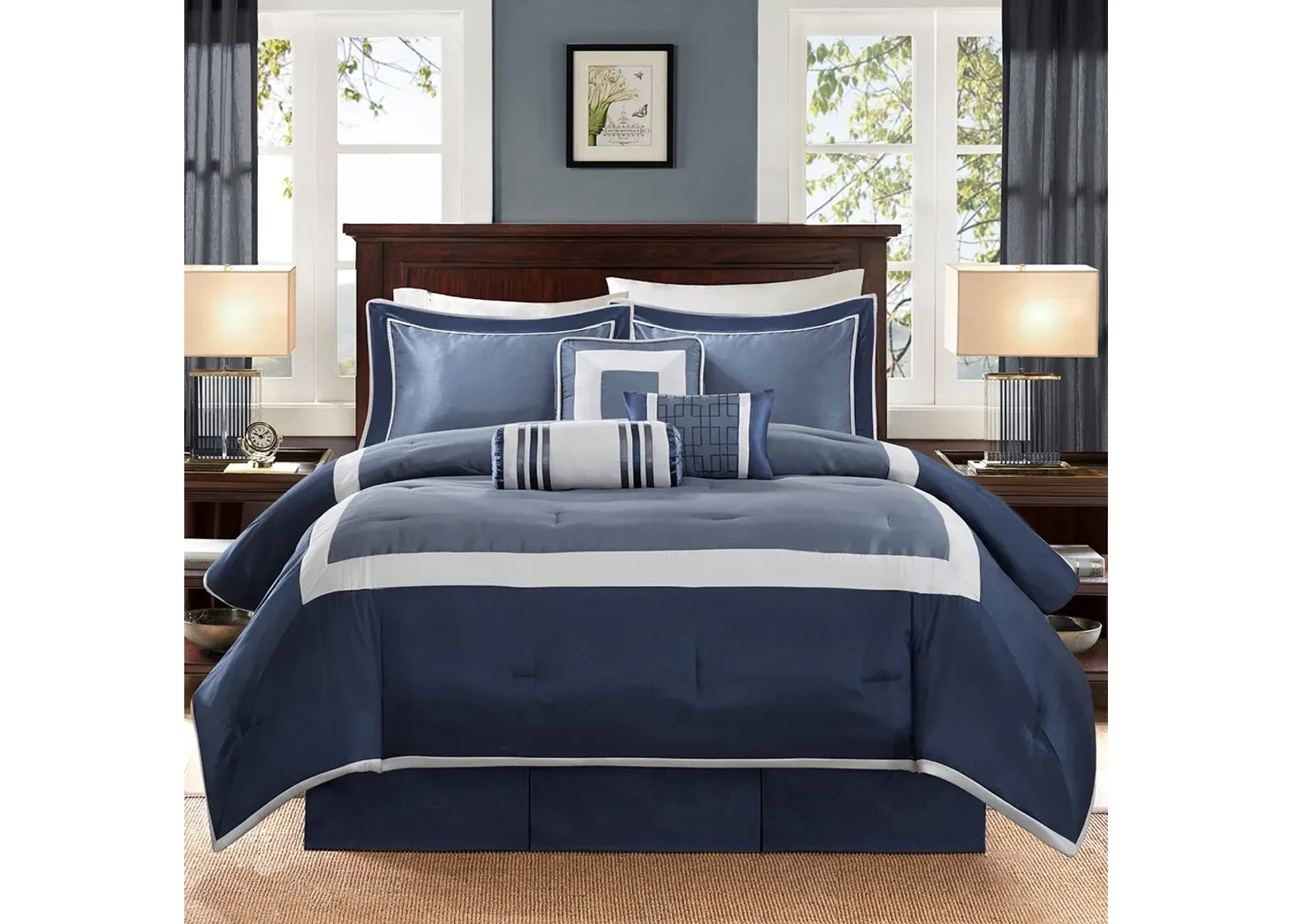 Olliix by Madison Park Genevieve 7 Piece Navy Queen Comforter Set