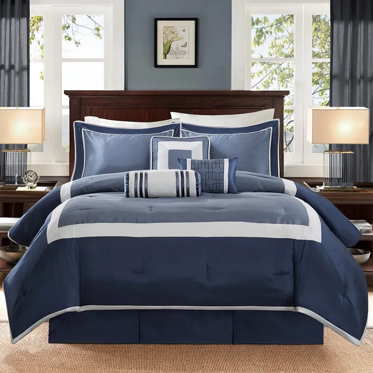 Olliix by Madison Park Genevieve 7 Piece Navy Queen Comforter Set