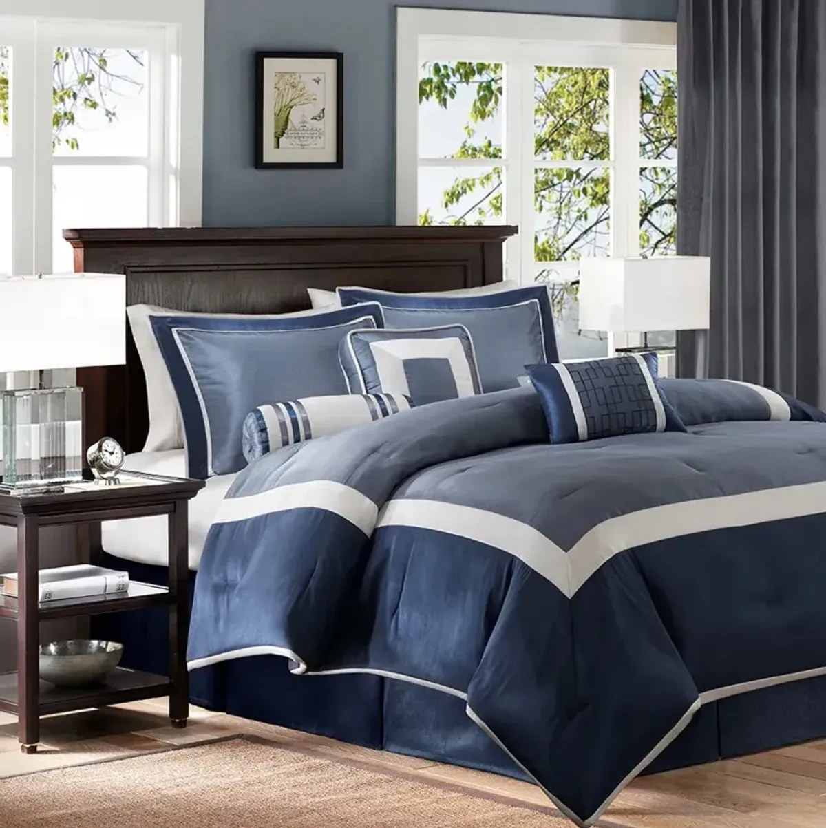 Olliix by Madison Park Genevieve 7 Piece Navy King Comforter Set
