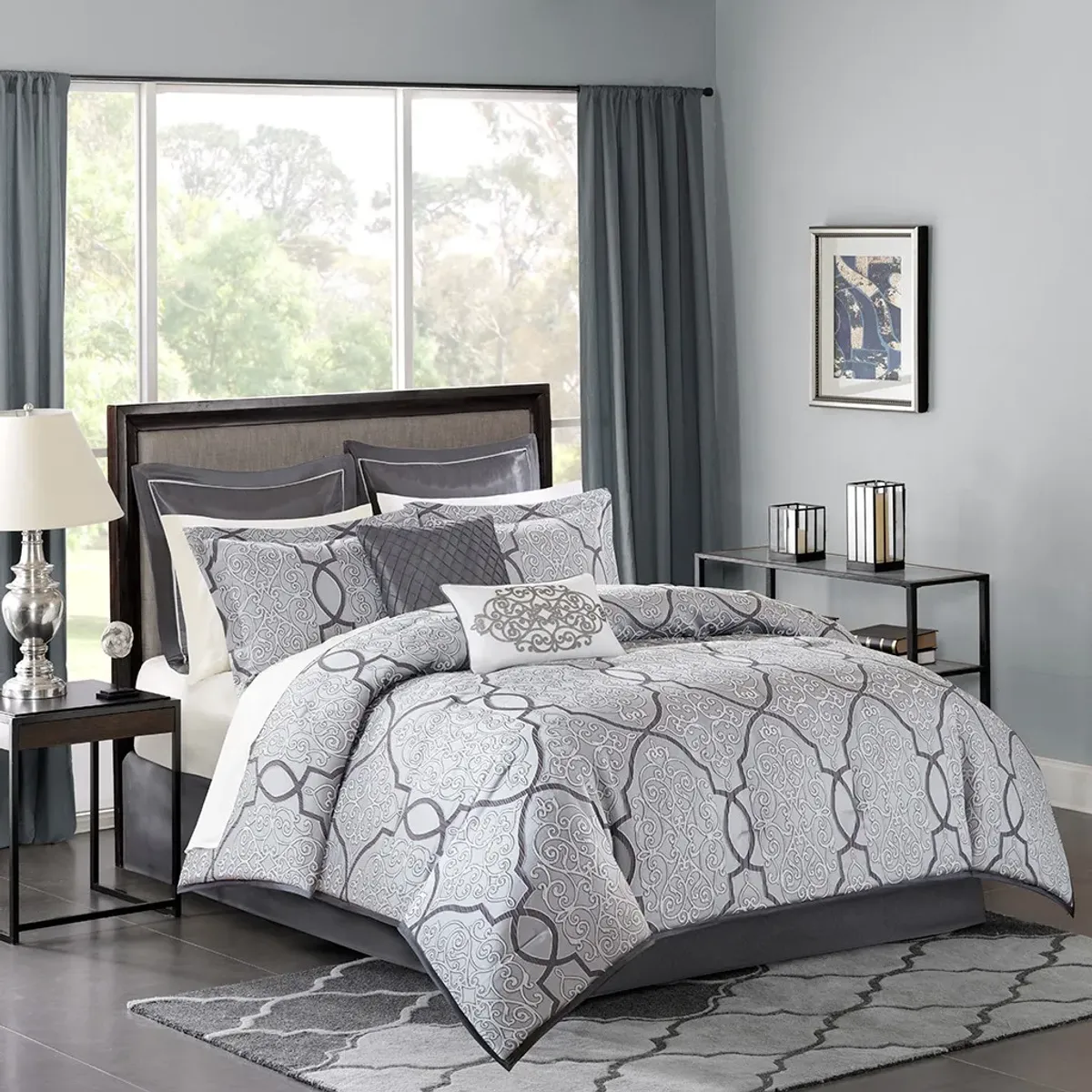 Olliix by Madison Park Lavine 12 Piece Silver Queen Complete Bed Set
