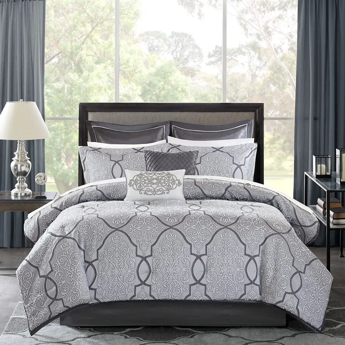 Olliix by Madison Park Lavine 12 Piece Silver King Complete Bed Set