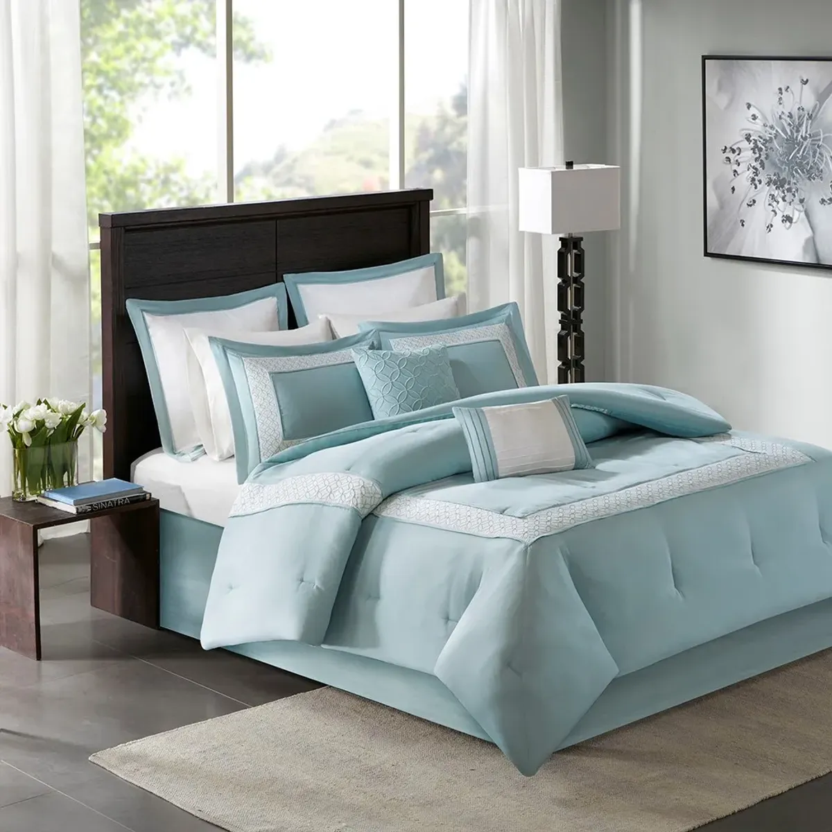 Olliix by Madison Park 8 Piece Aqua Queen Stratford Comforter Set