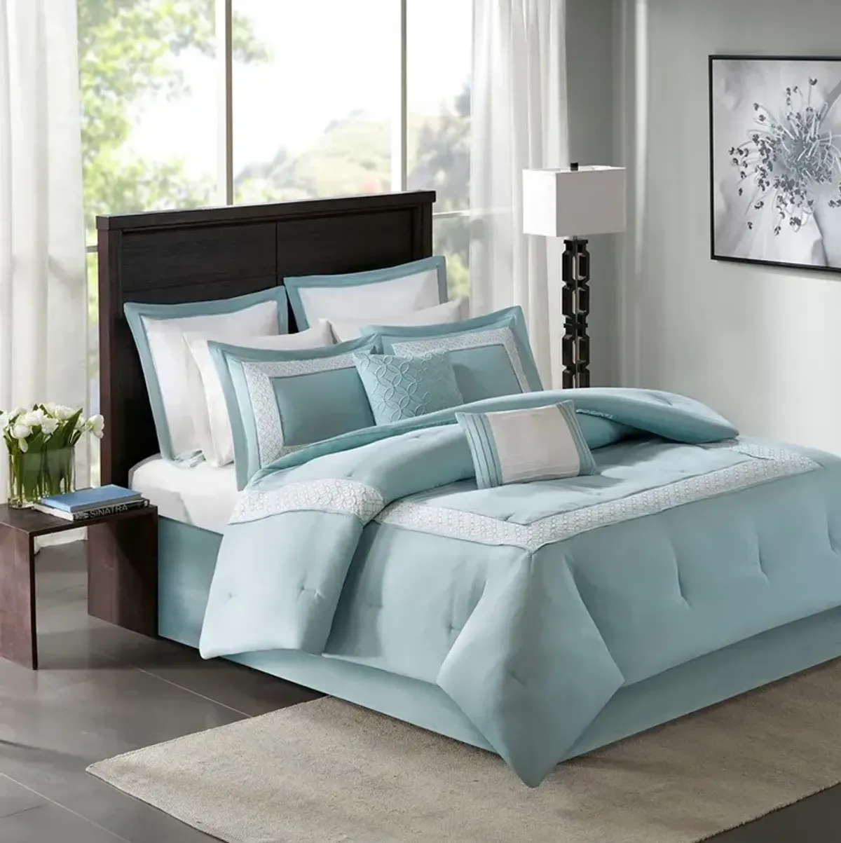 Olliix by Madison Park 8 Piece Aqua Queen Stratford Comforter Set