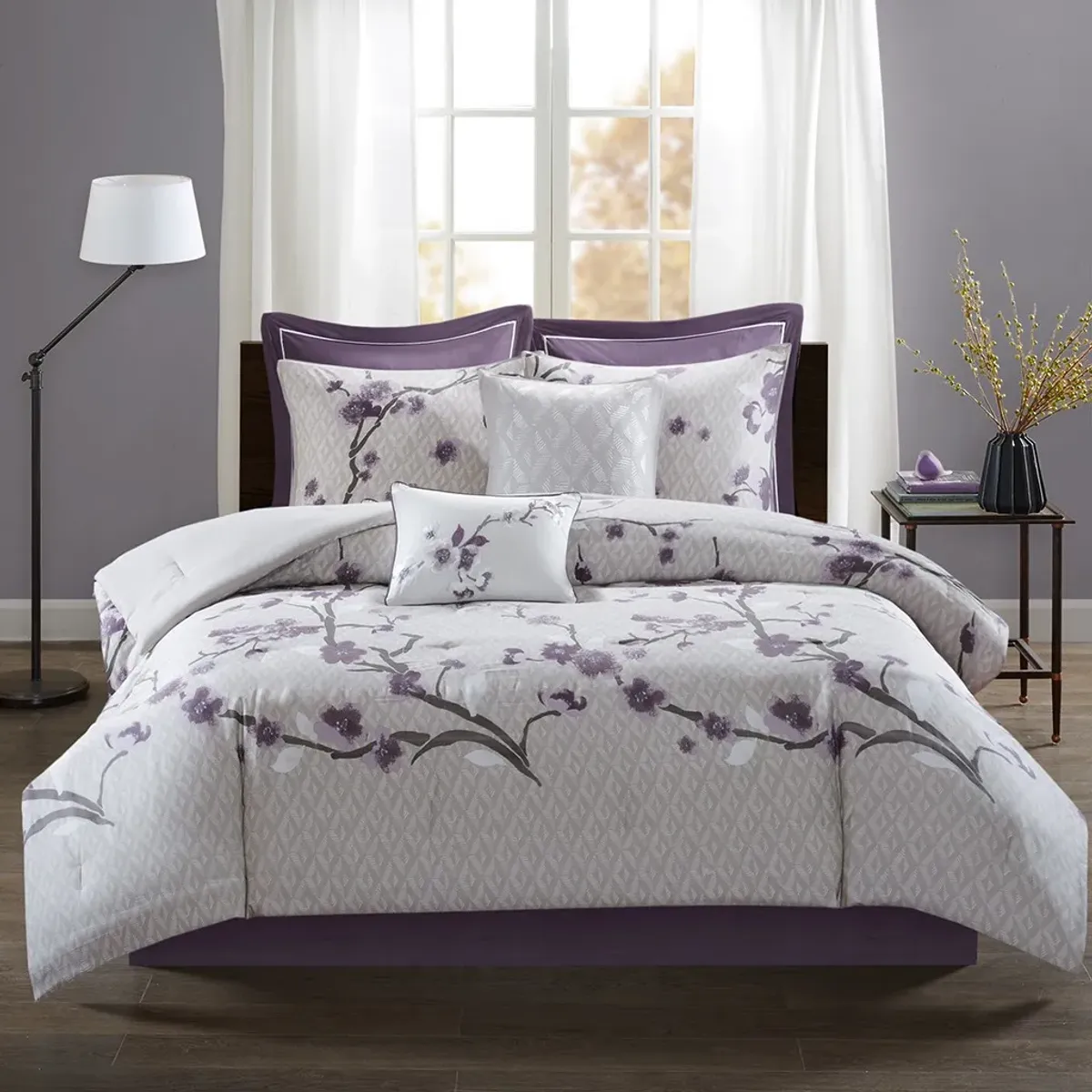 Olliix by Madison Park 8 Piece Purple Queen Holly Cotton Comforter Set