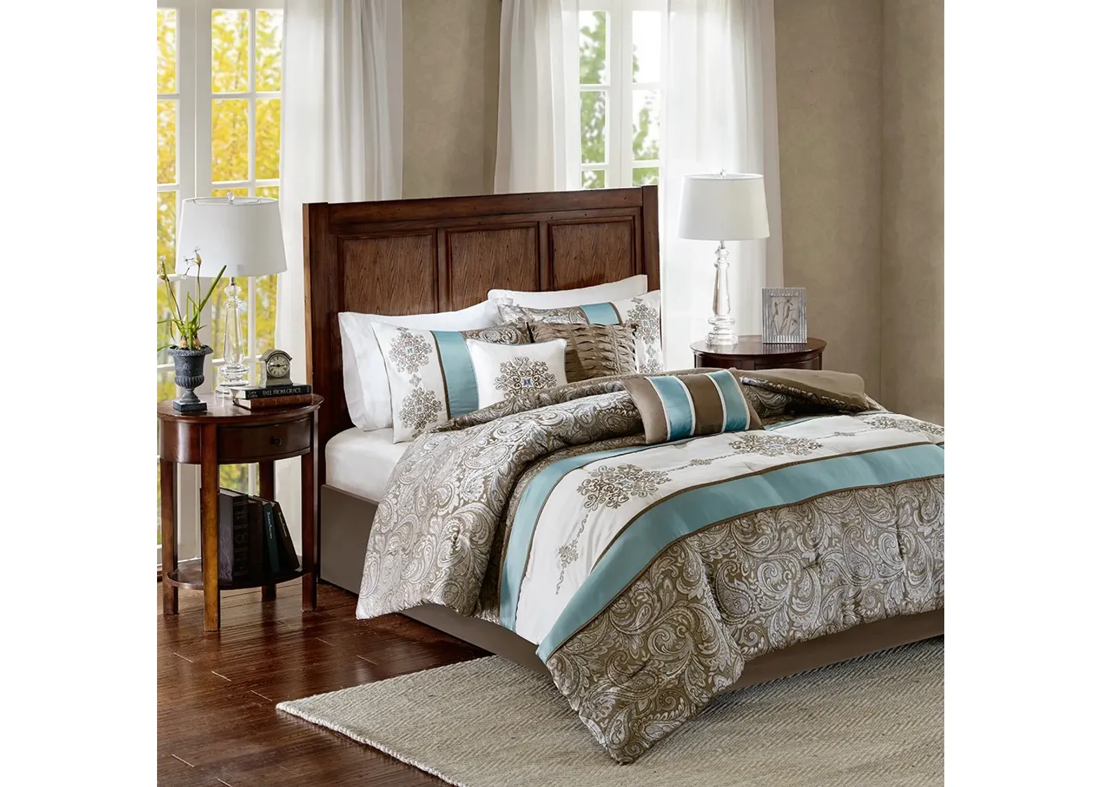 Olliix by Madison Park 7 Piece Blue Queen Caroline Jacquard Comforter Set