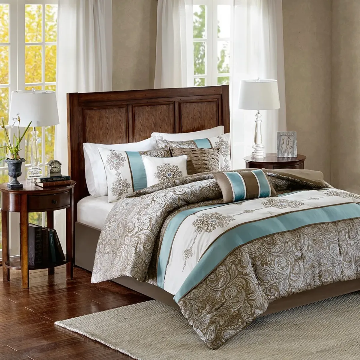 Olliix by Madison Park 7 Piece Blue Queen Caroline Jacquard Comforter Set