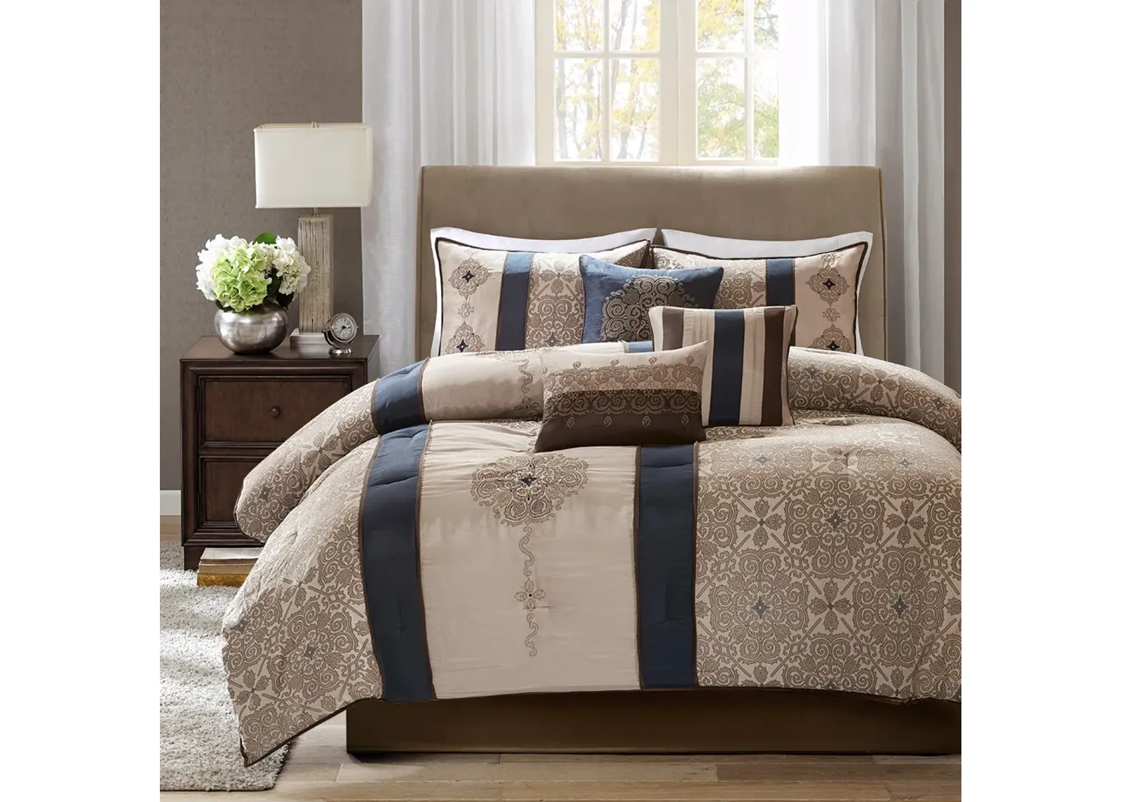 Olliix by Madison Park 7 Piece Navy Queen Donovan Jacquard Comforter Set