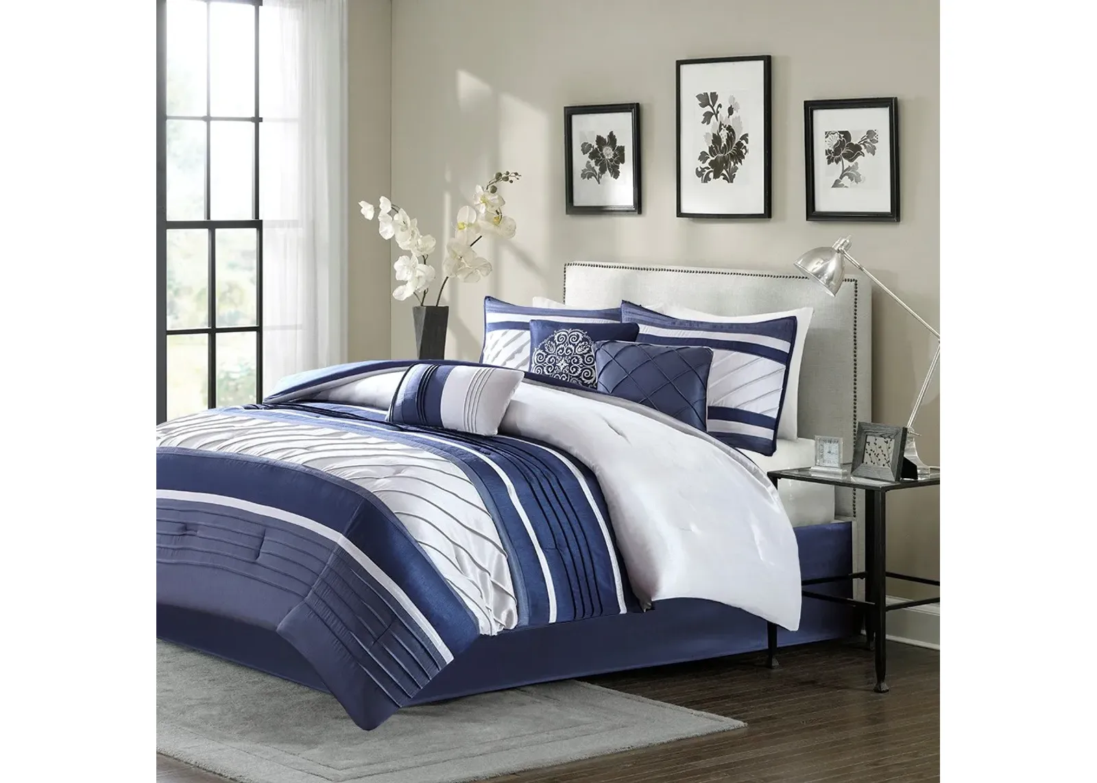 Olliix by Madison Park 7 Piece Navy Queen Blaire Comforter Set