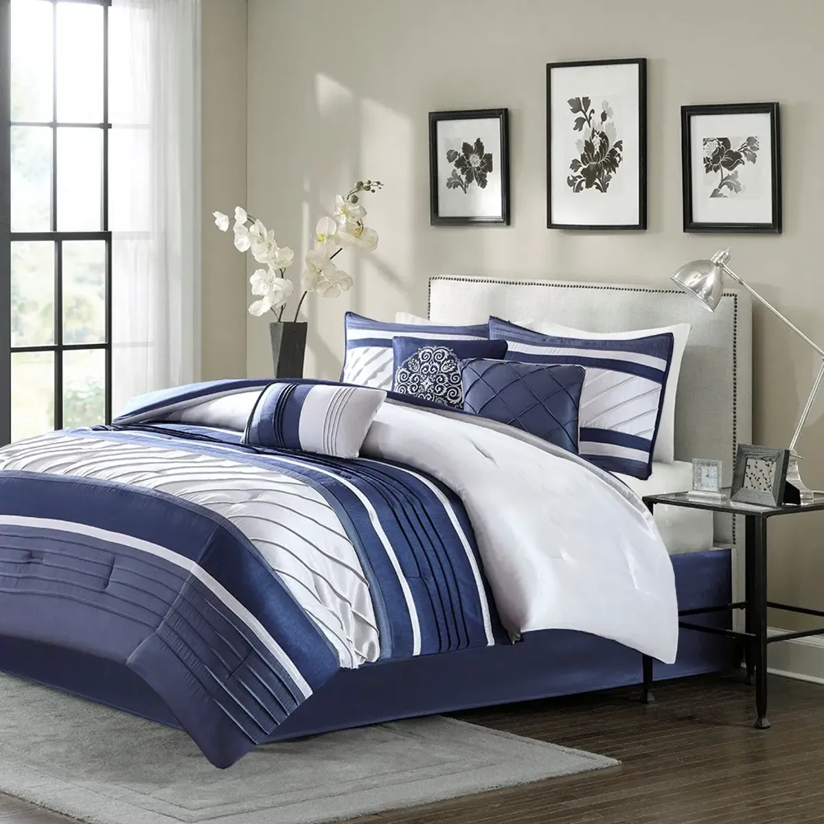 Olliix by Madison Park 7 Piece Navy Queen Blaire Comforter Set