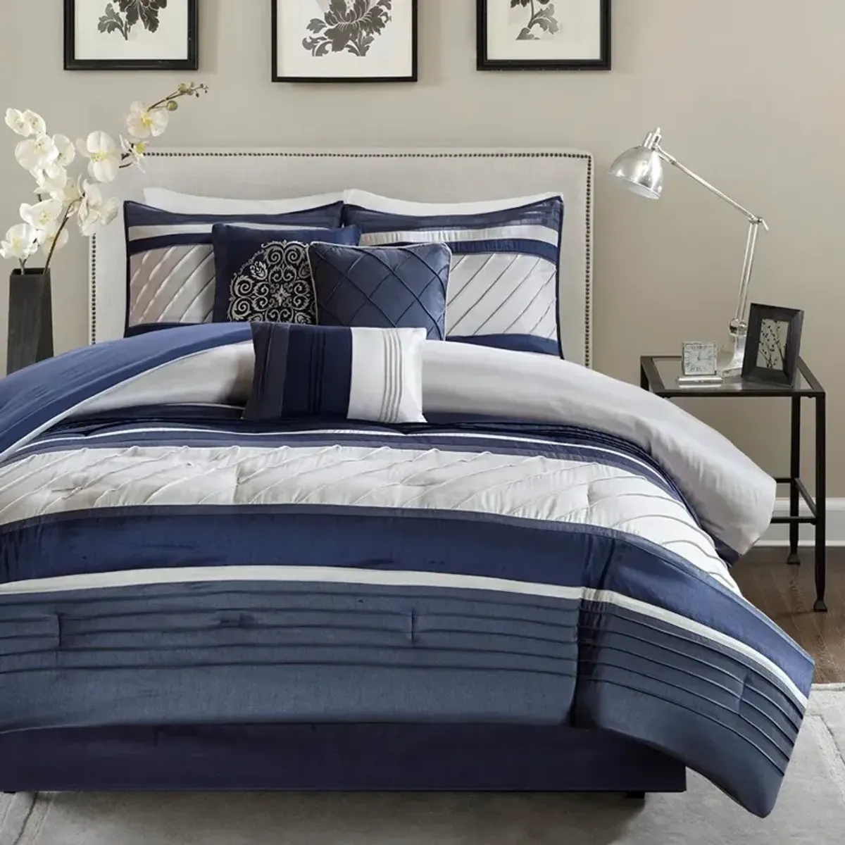 Olliix by Madison Park 7 Piece Navy California King Blaire Comforter Set