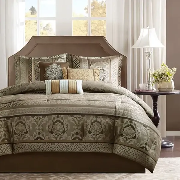 Olliix by Madison Park Brown/Gold Queen Bellagio 7 Piece Jacquard Comforter Set