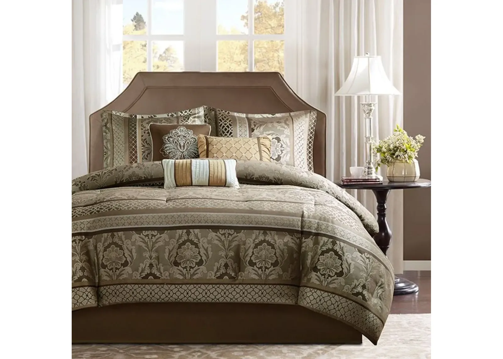 Olliix by Madison Park Brown/Gold Queen Bellagio 7 Piece Jacquard Comforter Set