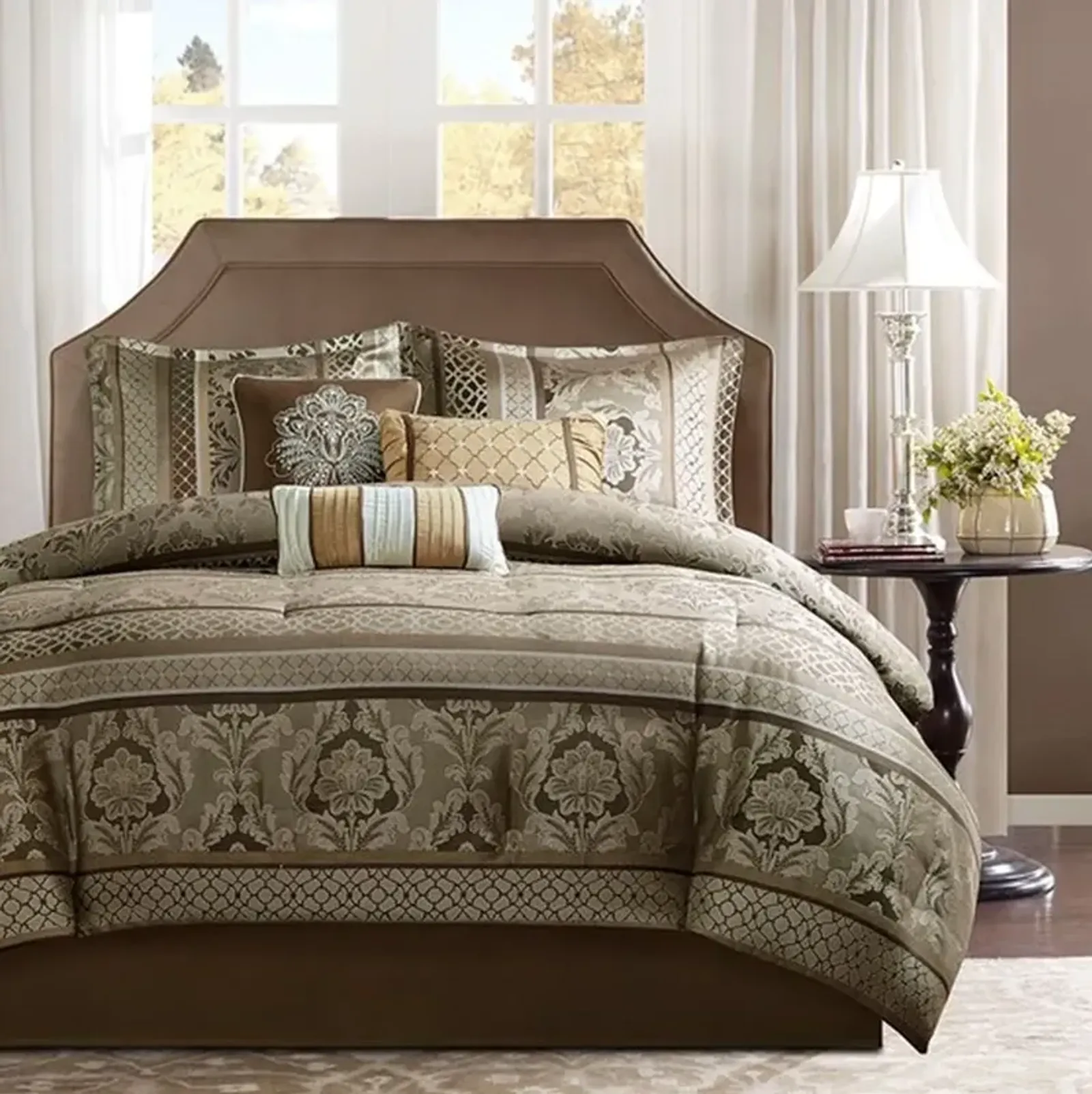 Olliix by Madison Park Brown/Gold King Bellagio 7 Piece Jacquard Comforter Set