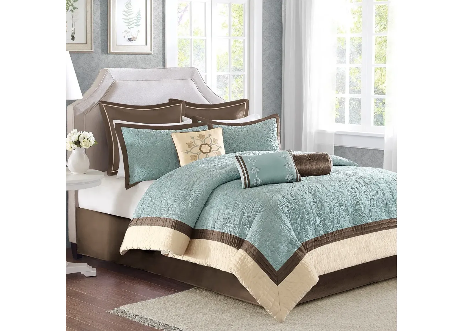 Olliix by Madison Park 9 Piece Blue Queen Juliana Charmeuse Comforter Set