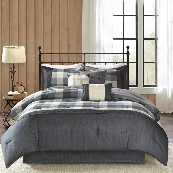 Olliix by Madison Park 7 Piece Grey Queen Ridge Herringbone Comforter Set