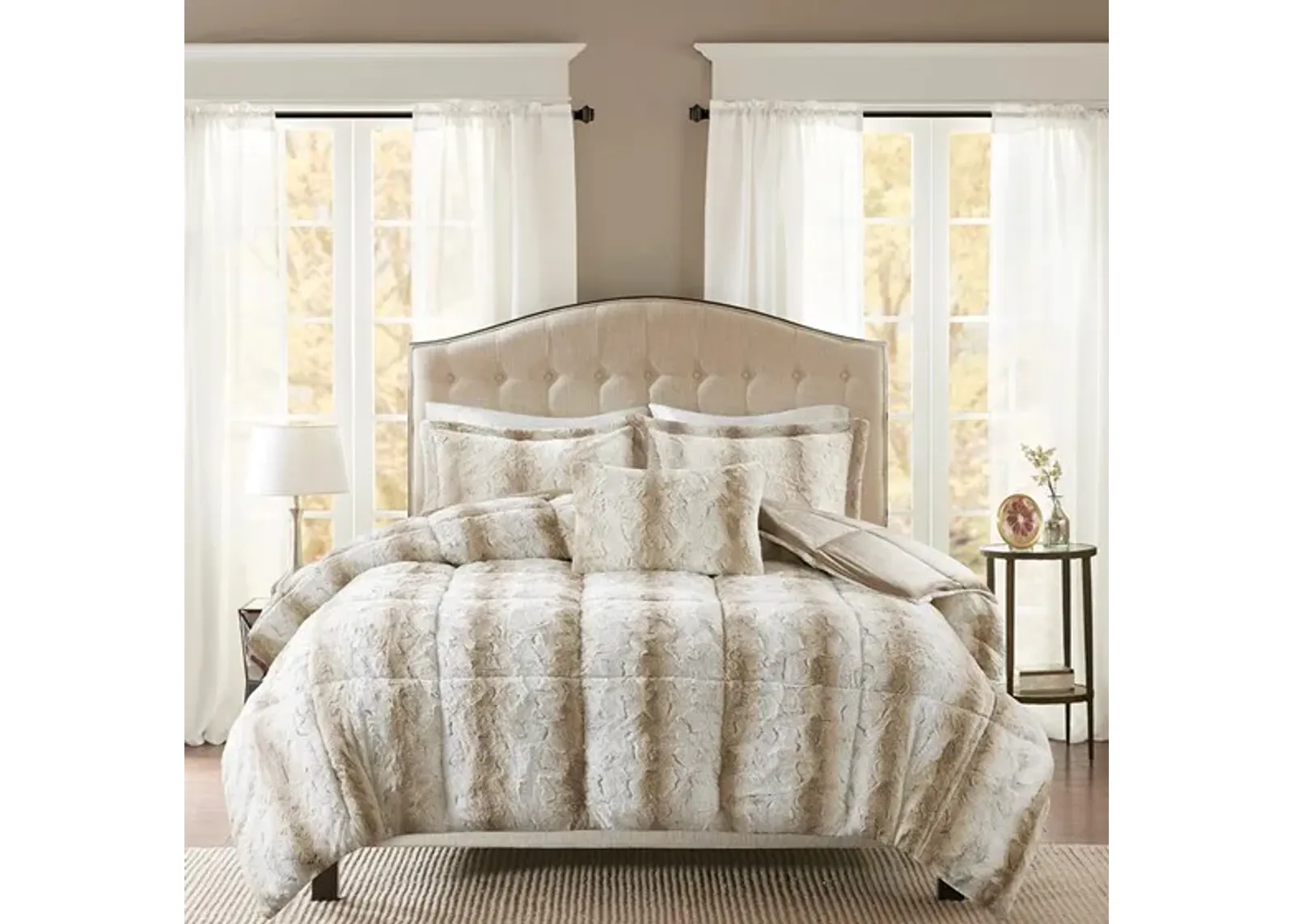 Olliix by Madison Park Zuri Sand Full/Queen Faux Fur Comforter Set