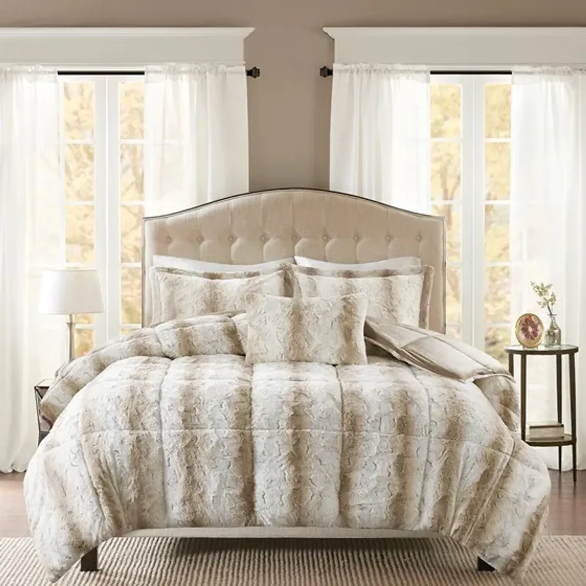 Olliix by Madison Park Zuri Sand Full/Queen Faux Fur Comforter Set