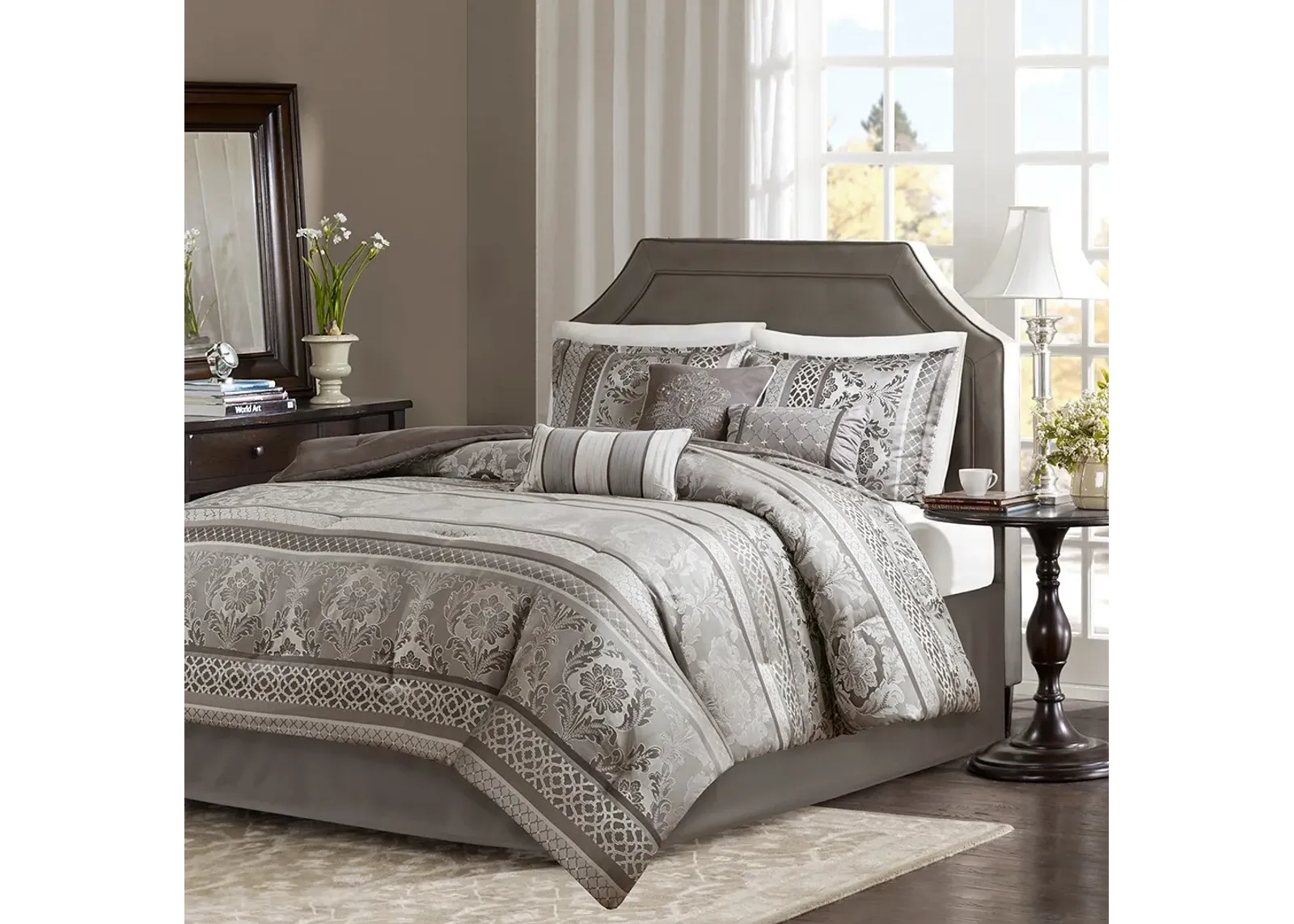 Olliix by Madison Park 7 Piece Grey Queen Bellagio Jacquard Comforter Set