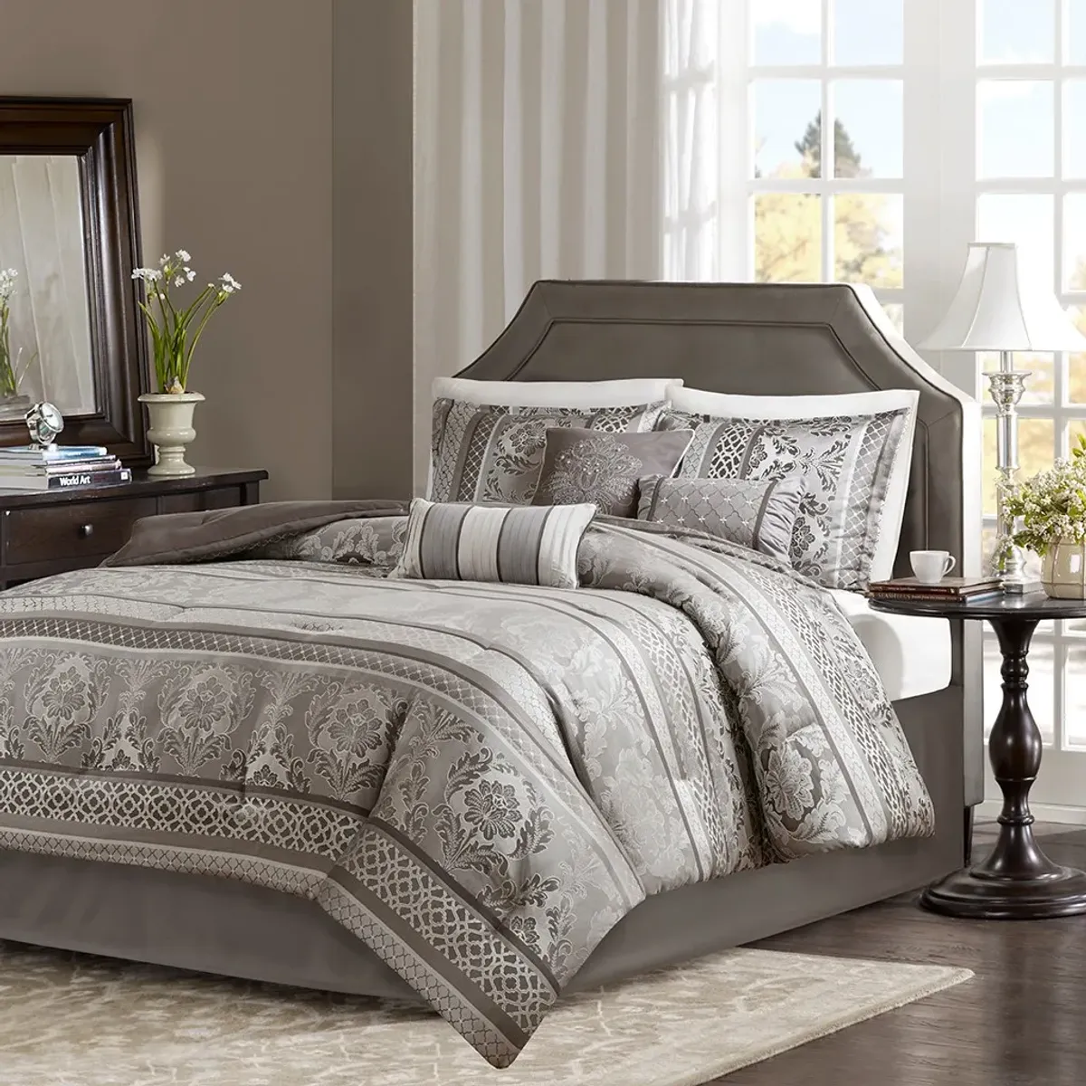 Olliix by Madison Park 7 Piece Grey Queen Bellagio Jacquard Comforter Set