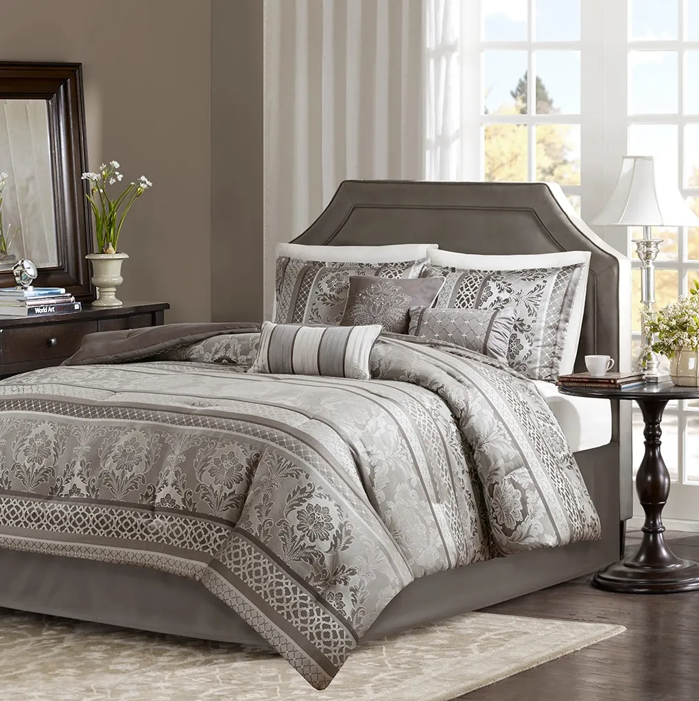 Olliix by Madison Park 7 Piece Grey California King Bellagio Jacquard Comforter Set