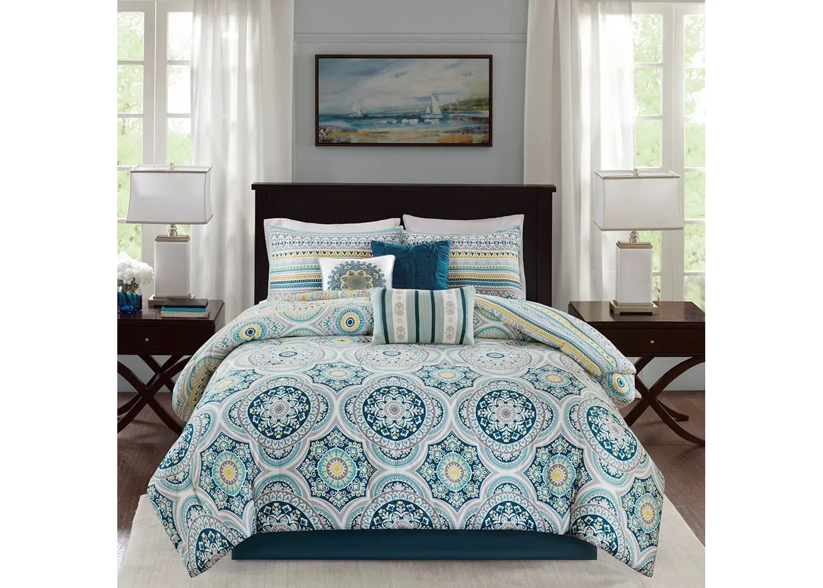 Olliix by Madison Park 7 Piece Teal Queen Mercia Reversible Cotton Sateen Comforter Set