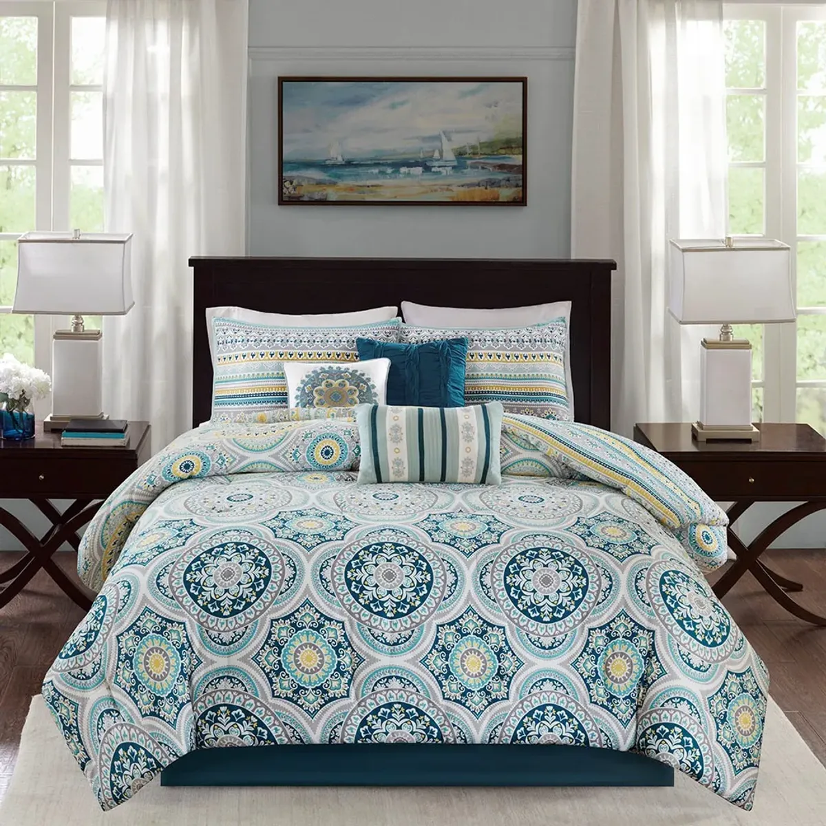 Olliix by Madison Park 7 Piece Teal Queen Mercia Reversible Cotton Sateen Comforter Set