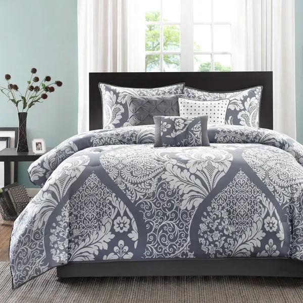 Olliix by Madison Park 7 Piece Grey Queen Vienna Cotton Printed Comforter Set
