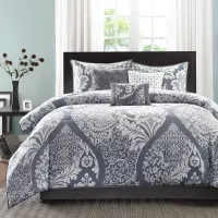 Olliix by Madison Park 7 Piece Grey Queen Vienna Cotton Printed Comforter Set