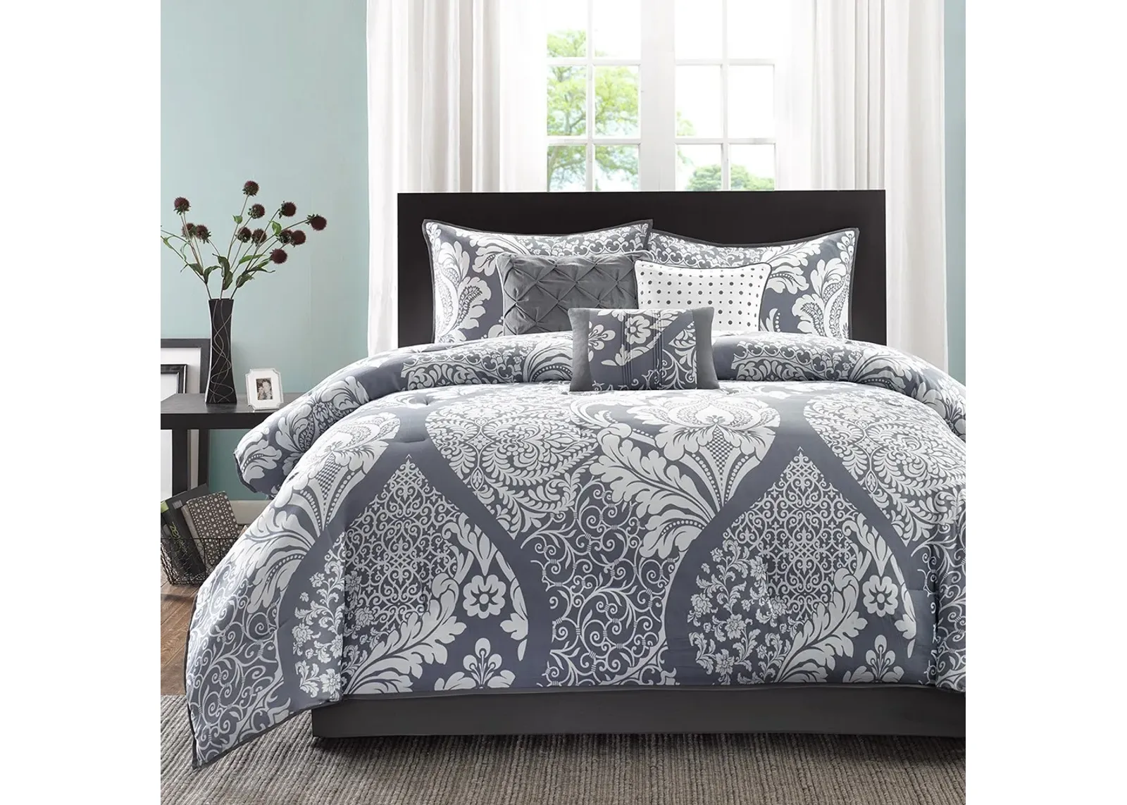 Olliix by Madison Park 7 Piece Grey Queen Vienna Cotton Printed Comforter Set