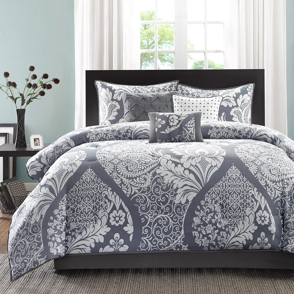 Olliix by Madison Park 7 Piece Grey King Vienna Cotton Printed Comforter Set