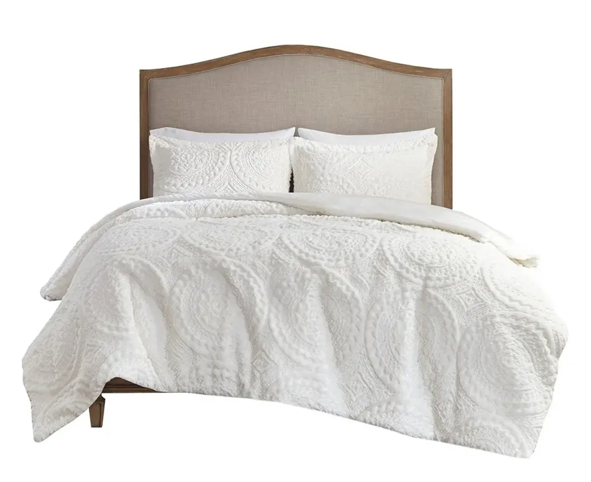 Olliix by Madison Park Arya Ivory Twin Embroidered Medallion Faux Fur Ultra Plush Comforter Mini Set