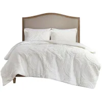 Olliix by Madison Park Arya Ivory Full/Queen Embroidered Medallion Faux Fur Ultra Plush Comforter Mini Set