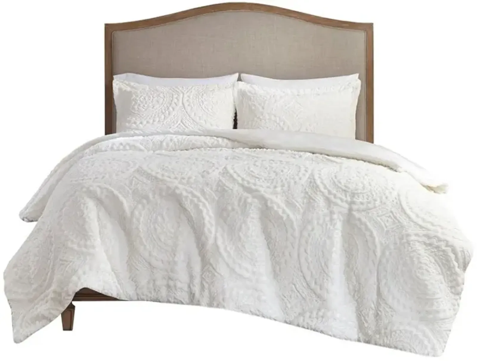 Olliix by Madison Park Arya Ivory King/California King Embroidered Medallion Faux Fur Ultra Plush Comforter Mini Set