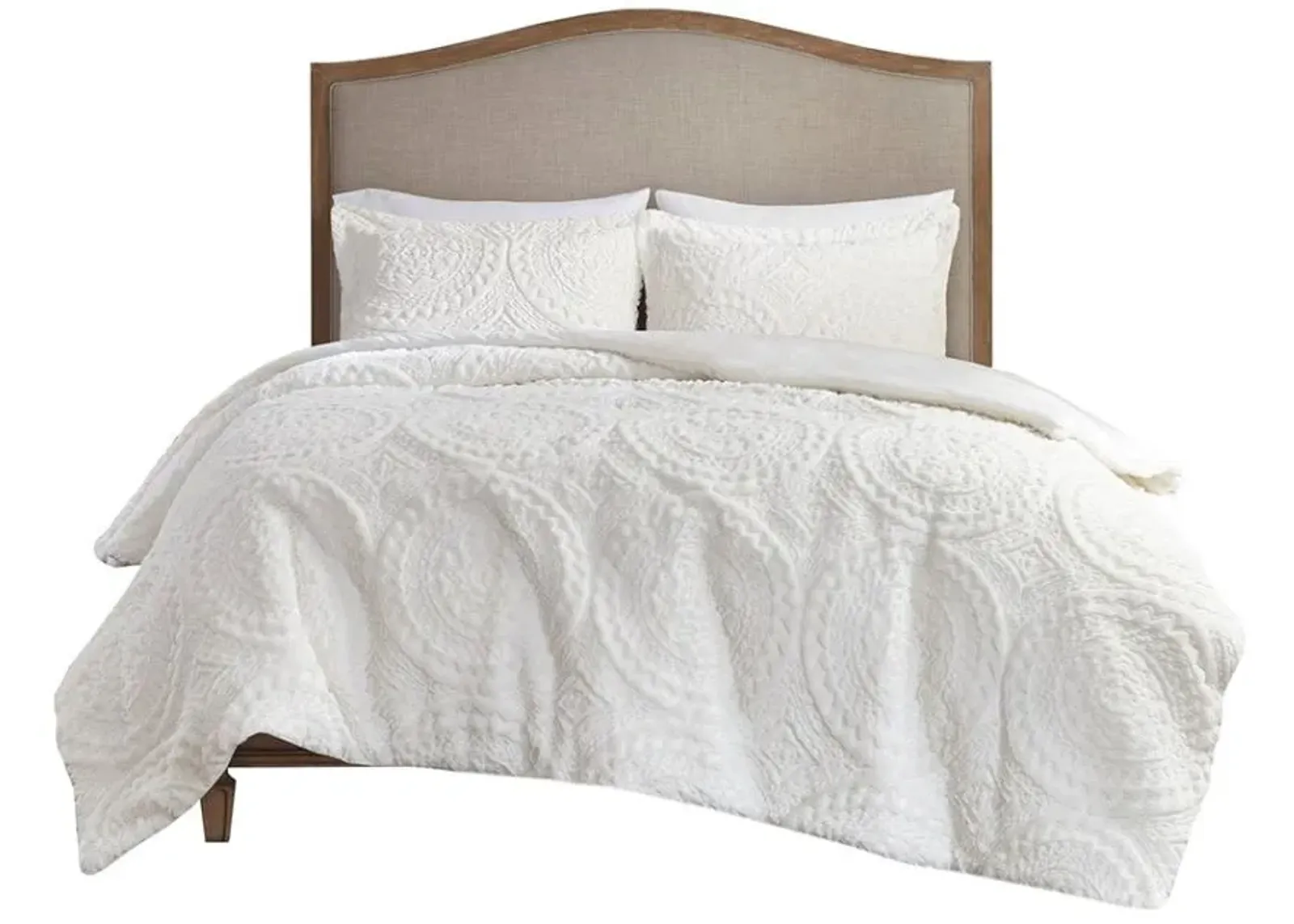 Olliix by Madison Park Arya Ivory King/California King Embroidered Medallion Faux Fur Ultra Plush Comforter Mini Set