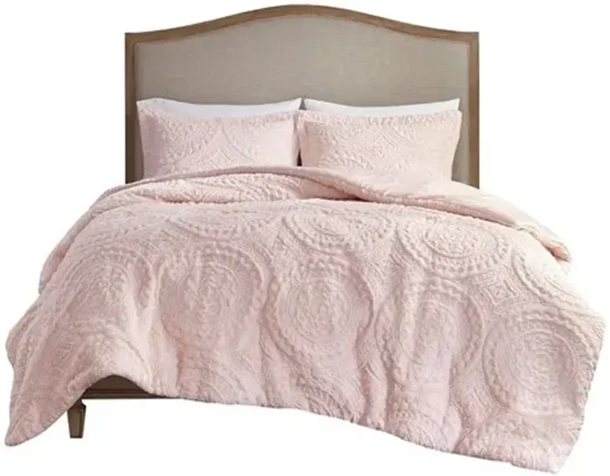 Olliix by Madison Park Arya Blush Twin Embroidered Medallion Faux Fur Ultra Plush Comforter Mini Set