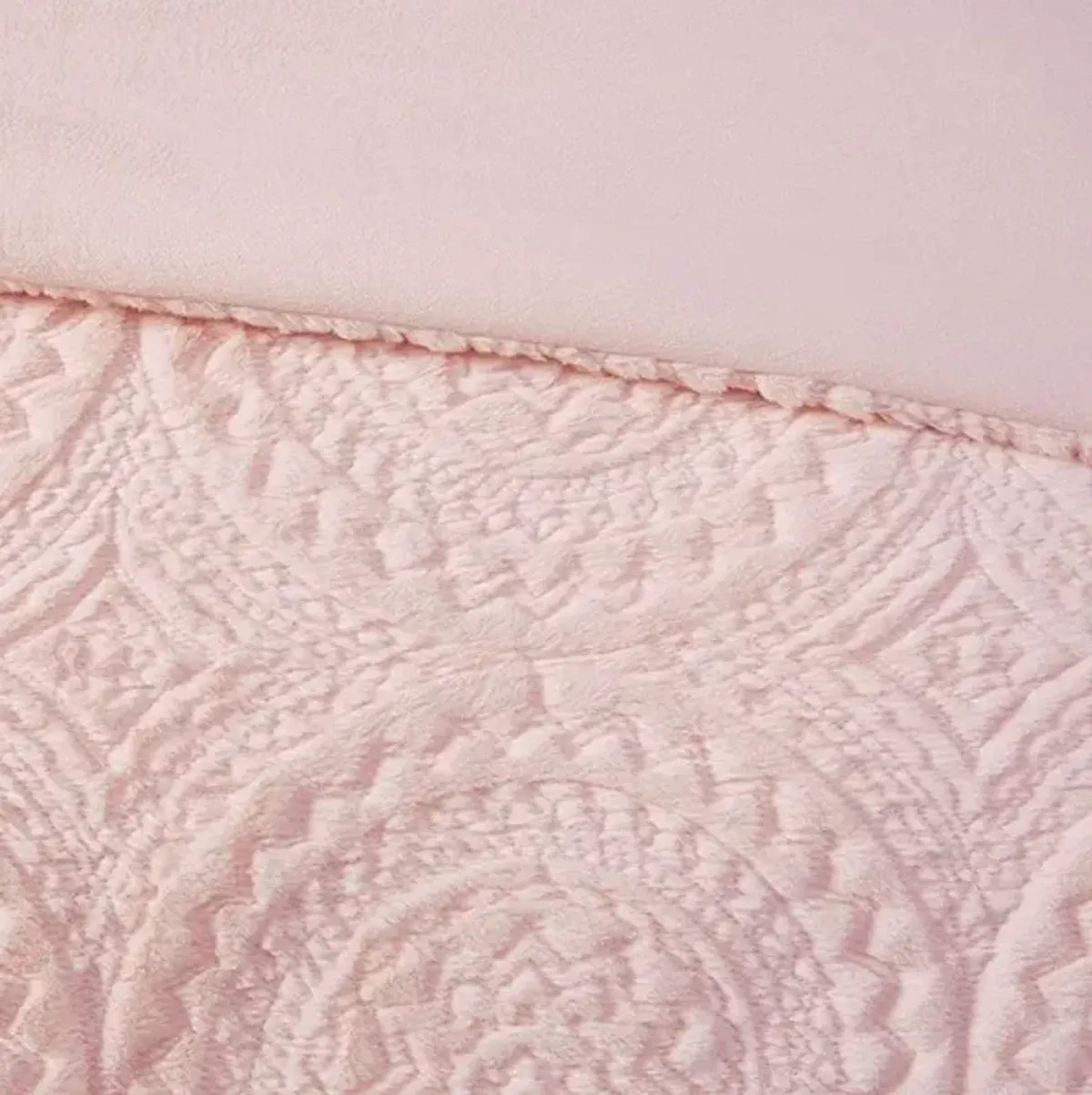 Olliix by Madison Park Arya Blush Full/Queen Embroidered Medallion Faux Fur Ultra Plush Comforter Mini Set