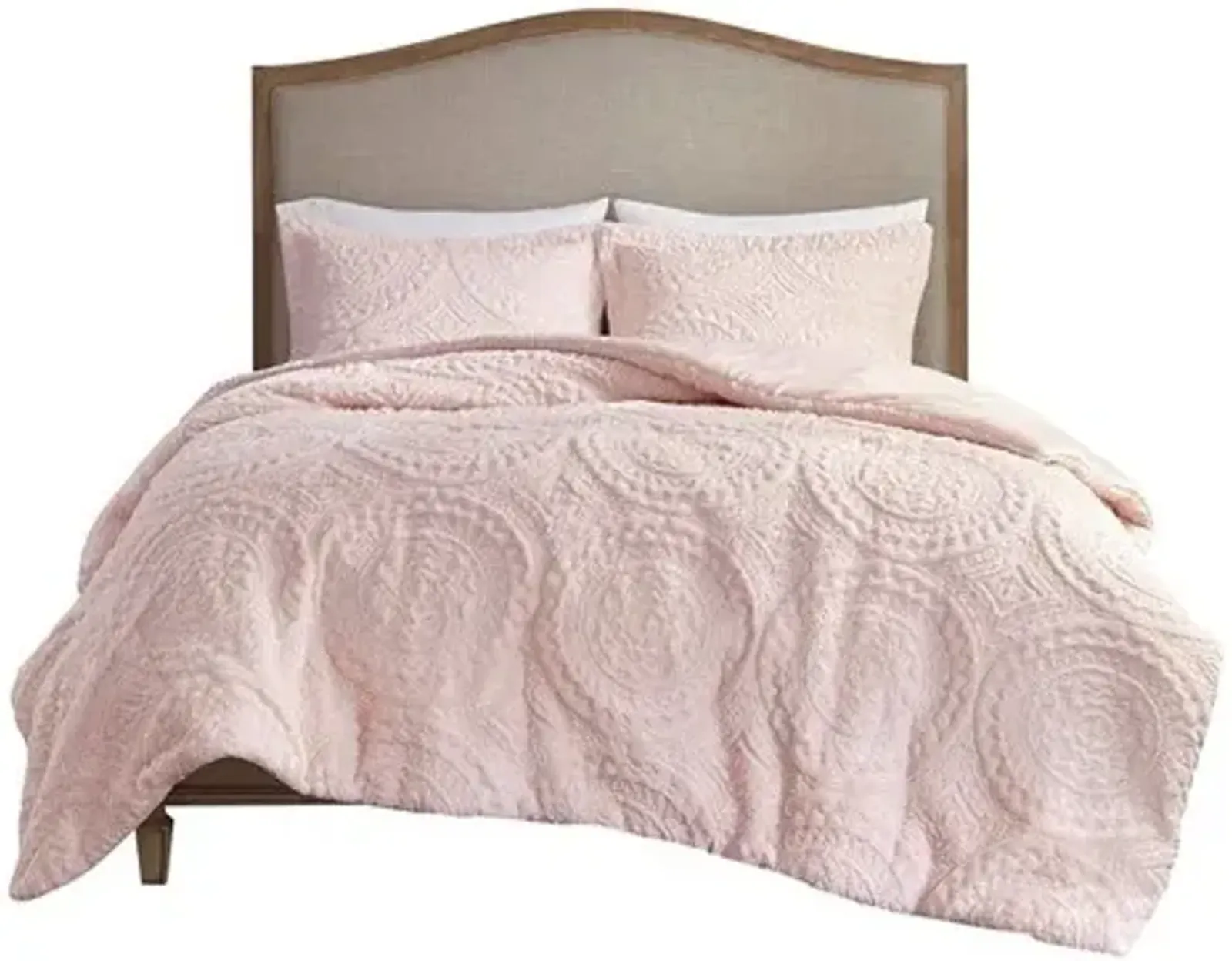 Olliix by Madison Park Arya Blush Full/Queen Embroidered Medallion Faux Fur Ultra Plush Comforter Mini Set