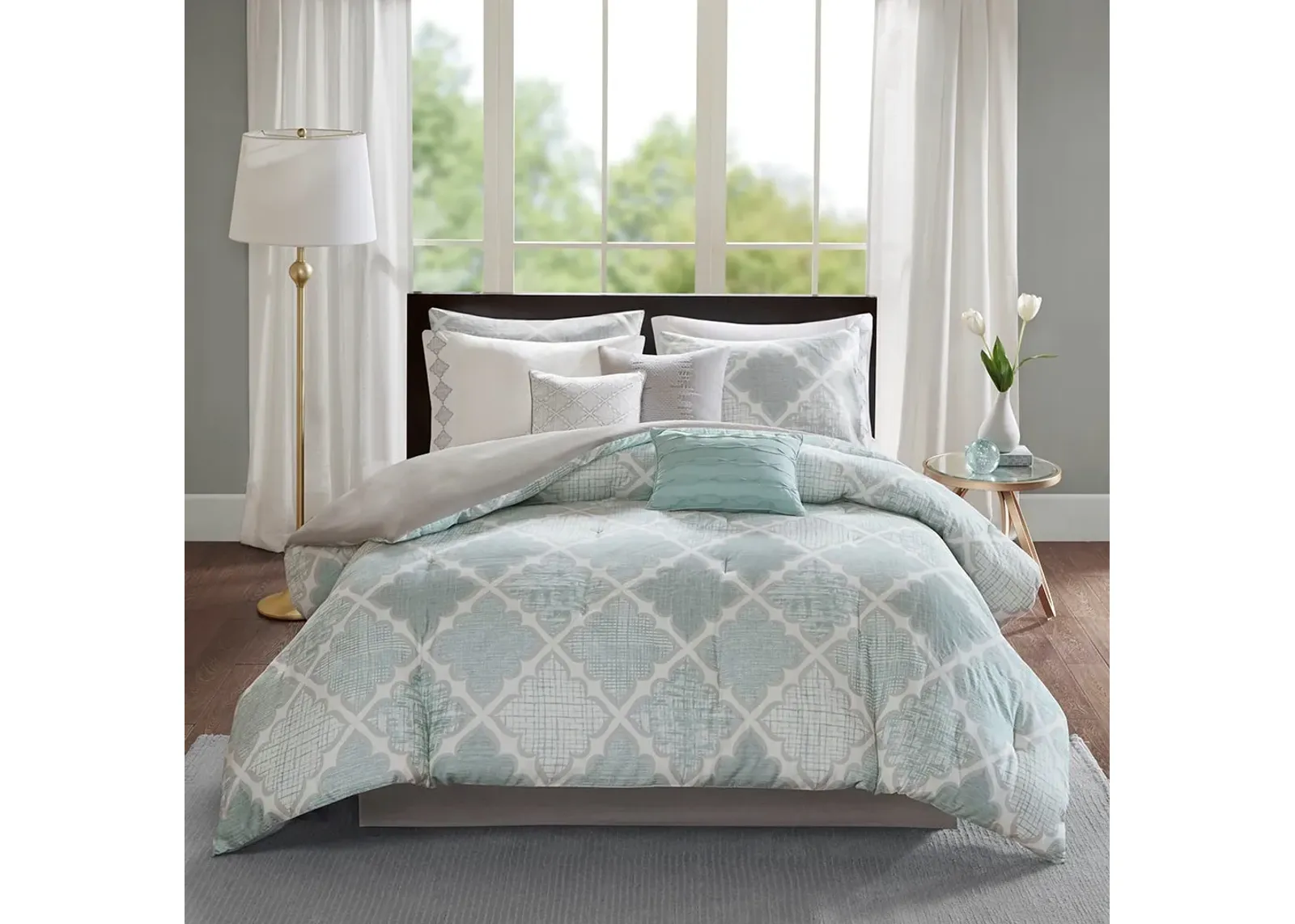 Olliix by Madison Park 9 Piece Aqua King Cadence Cotton Sateen Comforter Set