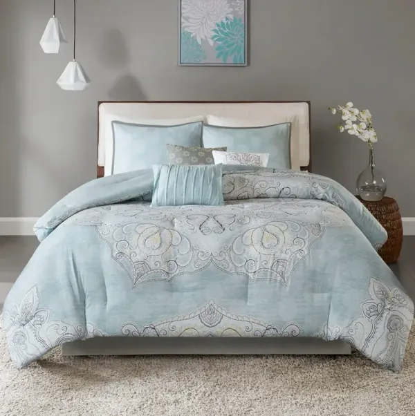 Olliix by Madison Park 7 Piece Seafoam King Lucinda Reversible Cotton Sateen Comforter Set