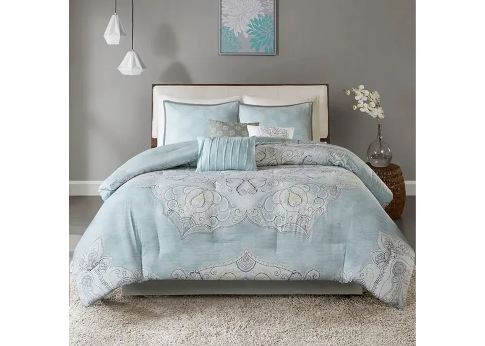 Olliix by Madison Park Lucinda 7 Piece Seafoam California King Reversible Cotton Sateen Comforter Set