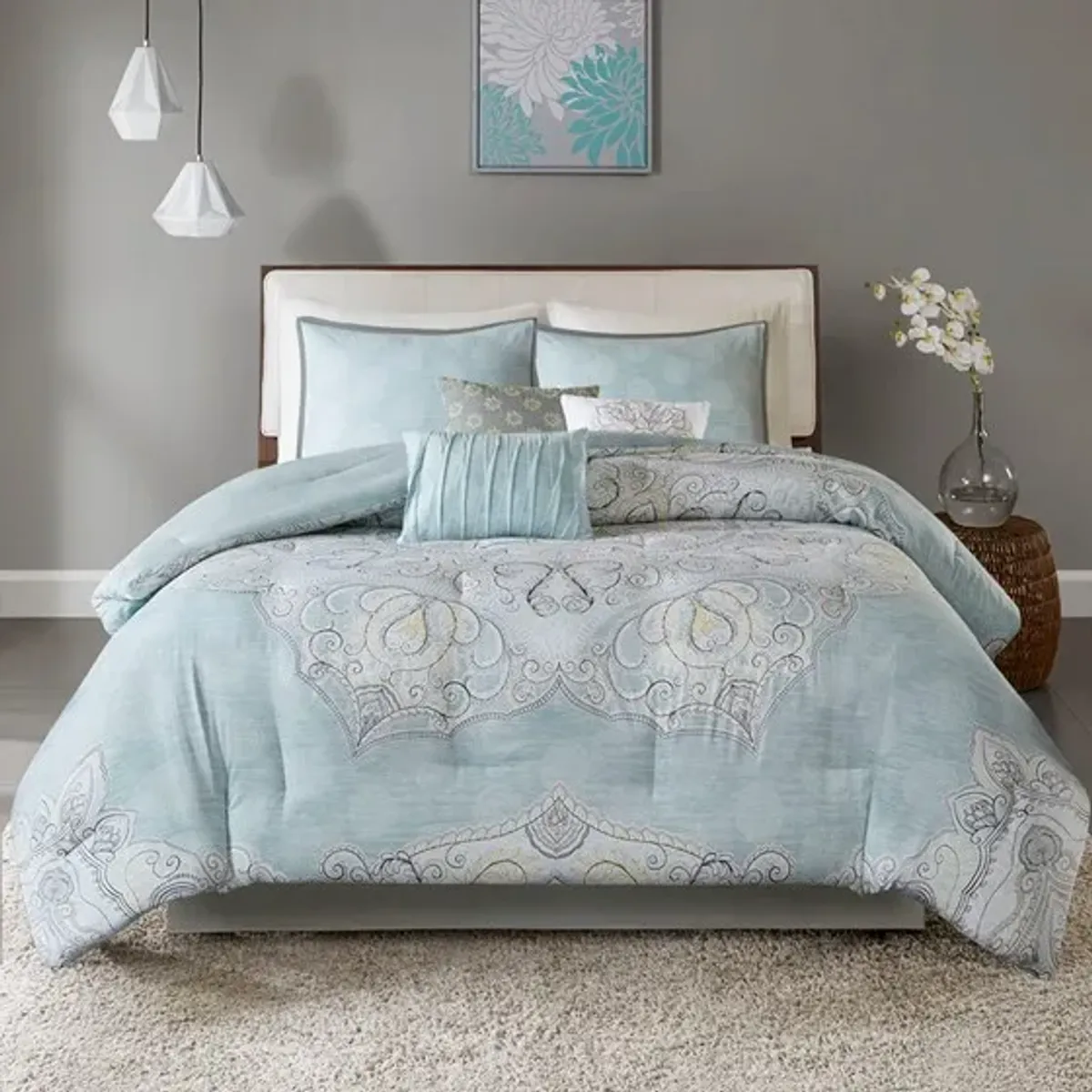 Olliix by Madison Park Lucinda 7 Piece Seafoam California King Reversible Cotton Sateen Comforter Set