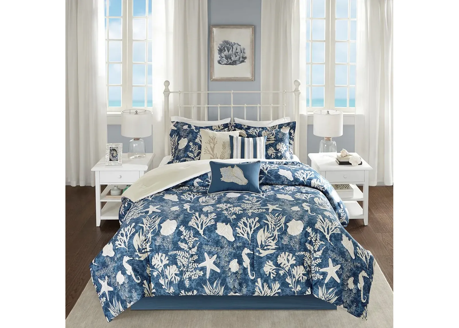 Olliix by Madison Park 7 Piece Blue Queen Cape Cod Cotton Sateen Comforter Set