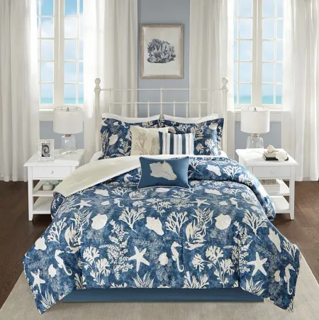 Olliix by Madison Park 7 Piece Blue Queen Cape Cod Cotton Sateen Comforter Set