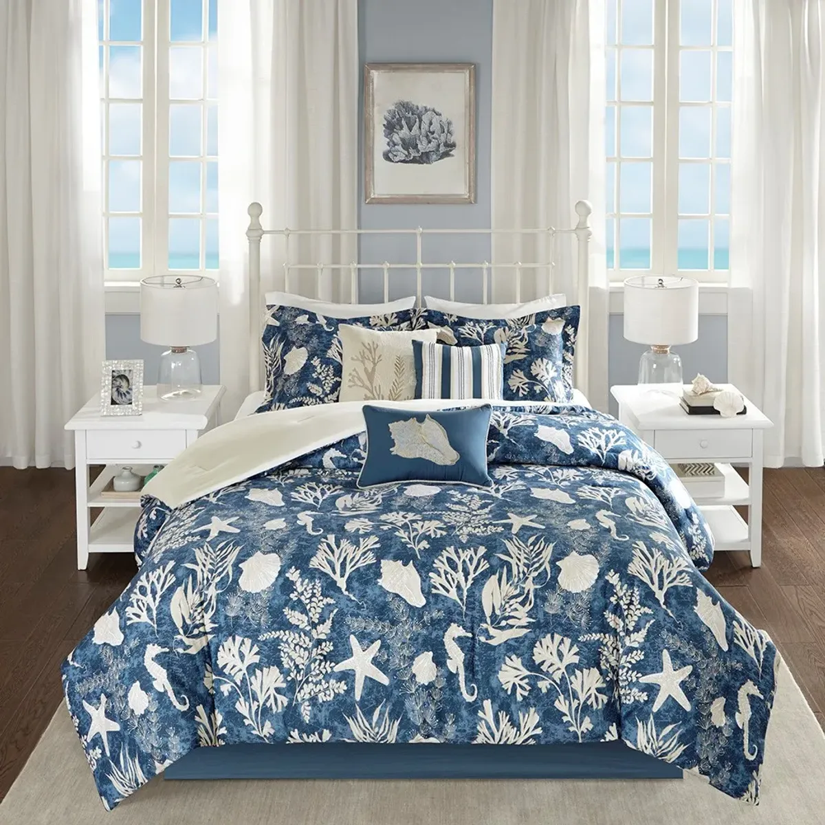 Olliix by Madison Park 7 Piece Blue California King Cape Cod Cotton Sateen Comforter Set