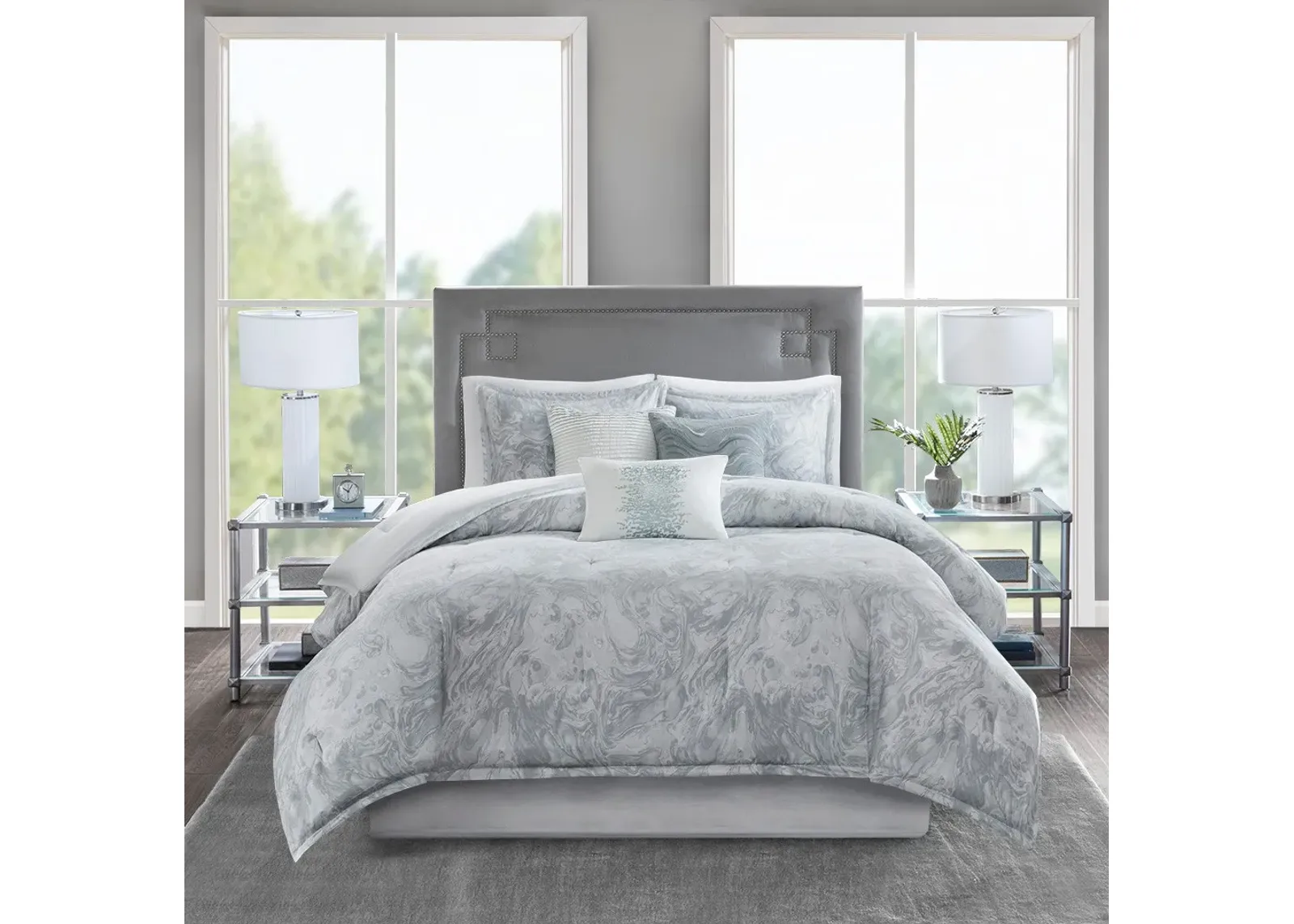 Olliix by Madison Park 7 Piece Grey Queen Emory Cotton Sateen Comforter Set