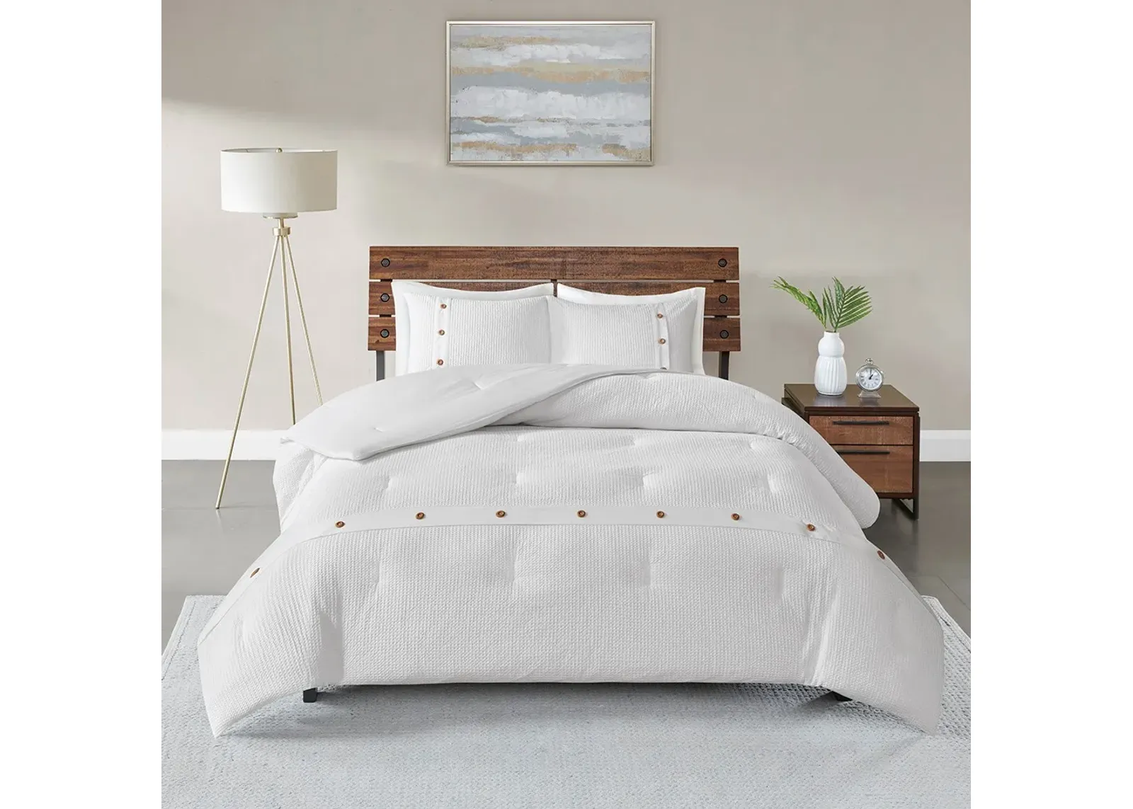 Olliix by Madison Park 3 Piece White Full/Queen Finley Cotton Waffle Weave Comforter Set