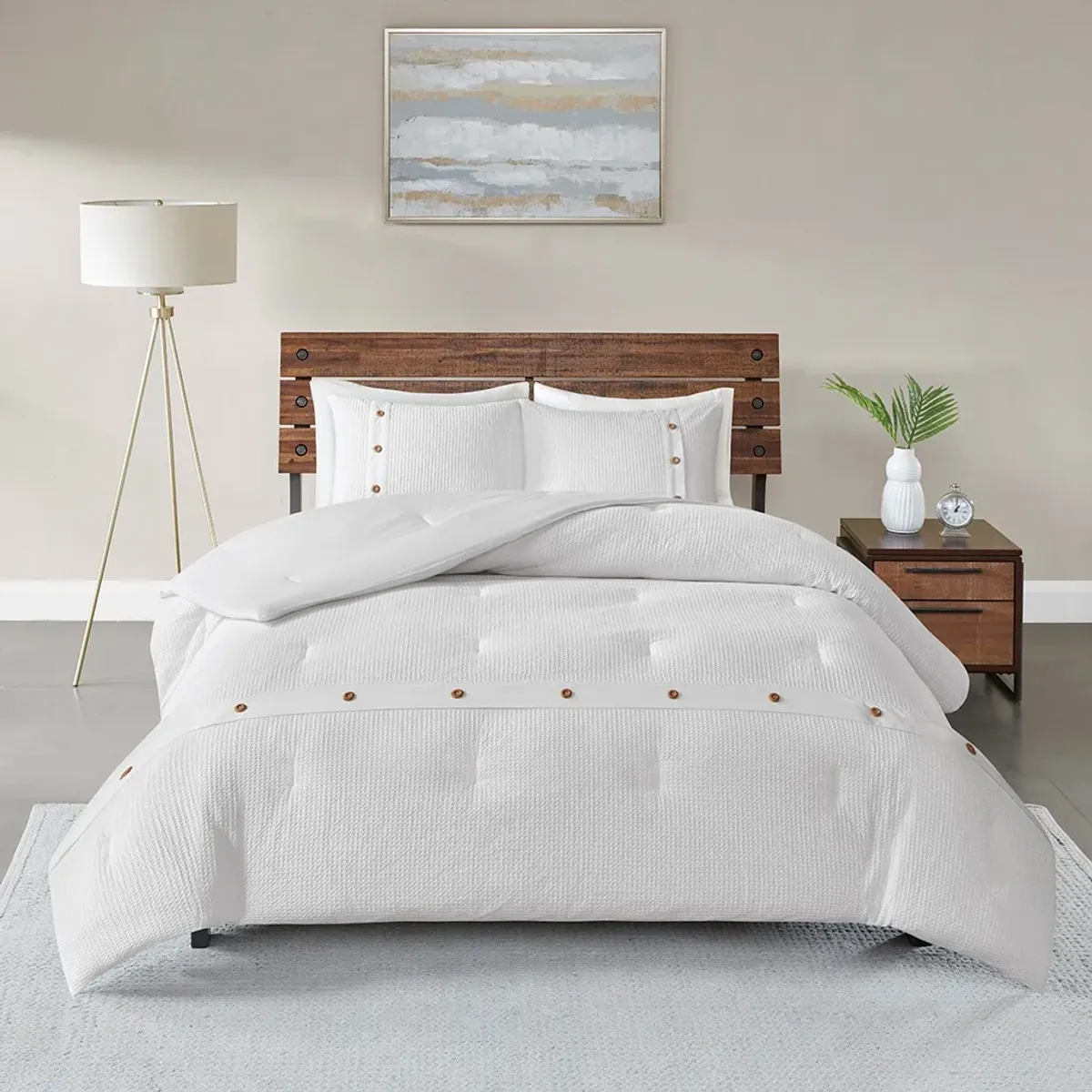 Olliix by Madison Park 3 Piece White Full/Queen Finley Cotton Waffle Weave Comforter Set