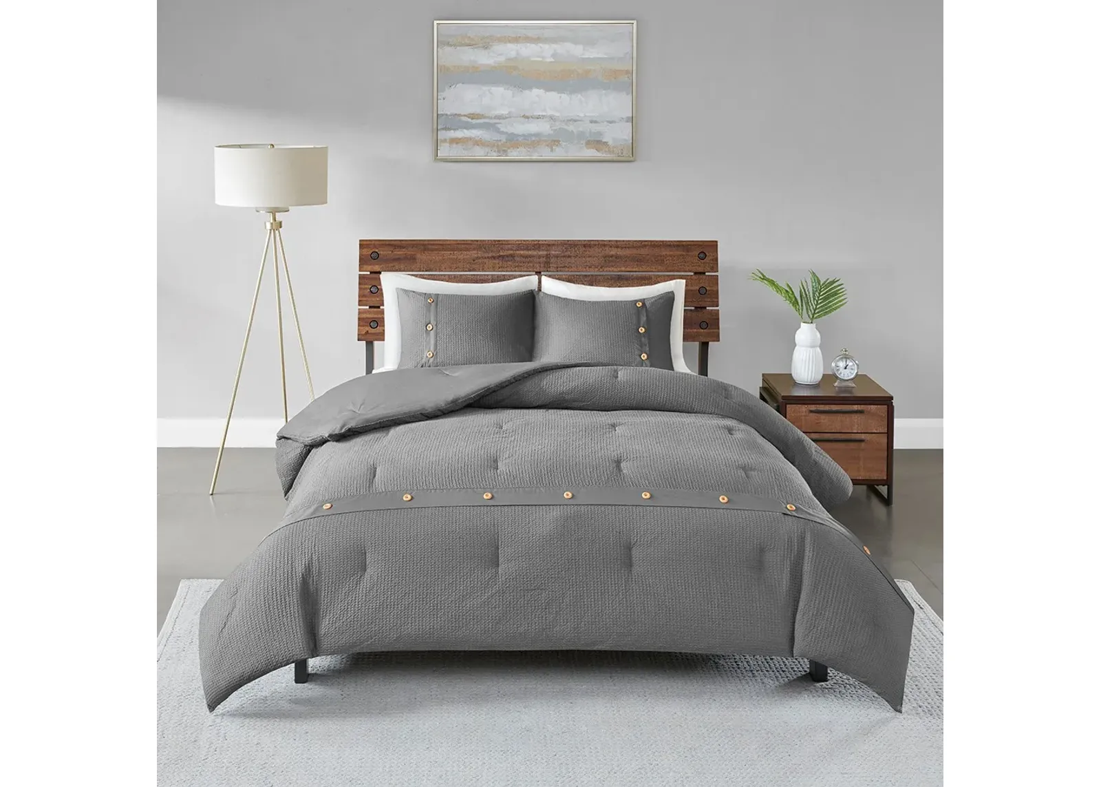 Olliix by Madison Park 3 Piece Grey Full/Queen Finley Cotton Waffle Weave Comforter Set