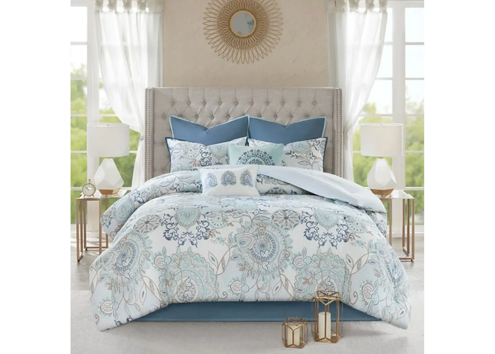 Olliix by Madison Park Blue Queen Isla 8 Piece Cotton Printed Reversible Comforter Set