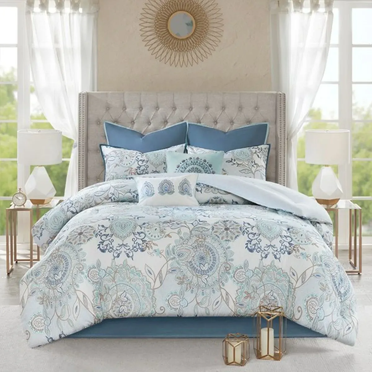 Olliix by Madison Park Blue Queen Isla 8 Piece Cotton Printed Reversible Comforter Set